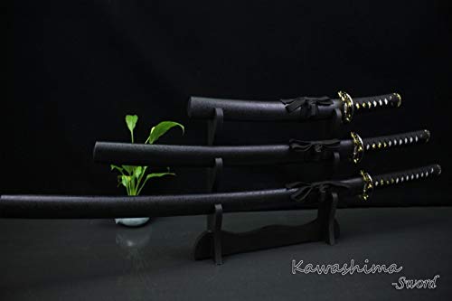 3PCS Hand-Forged 1045 Carbon Steel Samurai Sword Set with Bamboo Tsuba & Display Stand - Authentic Japanese Katana for Home Decor, Martial Arts Training, Cosplay, and Collectors