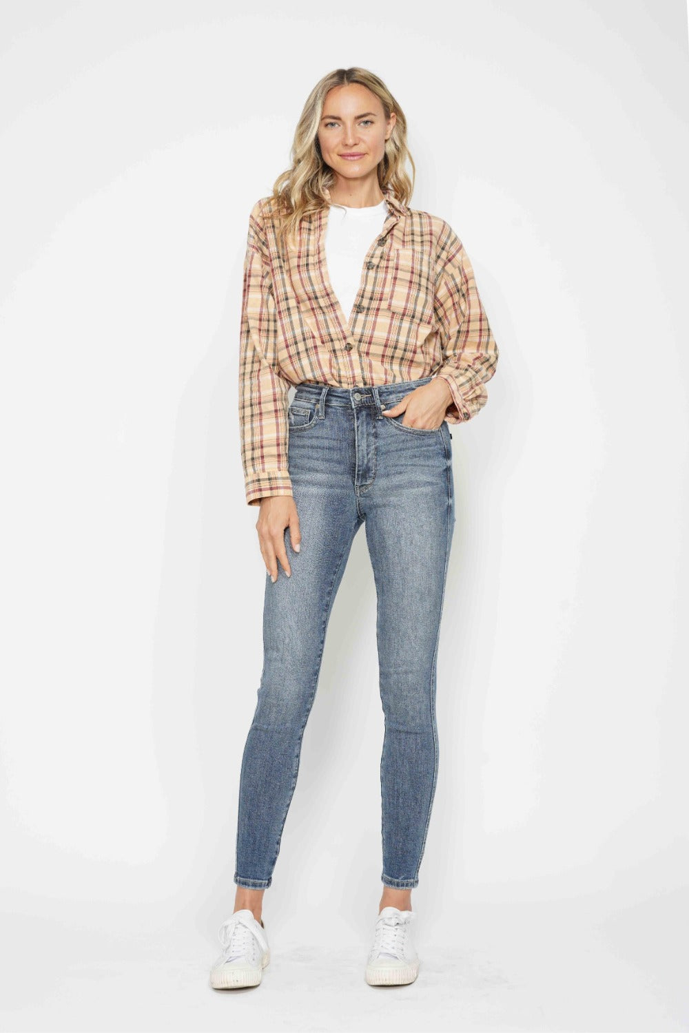 Judy Blue High Waisted Tummy Control Skinny Jeans for Women - Stretch Denim Pants with Contrast Wash | Perfect for Casual Outfits, Date Nights & Office Wear