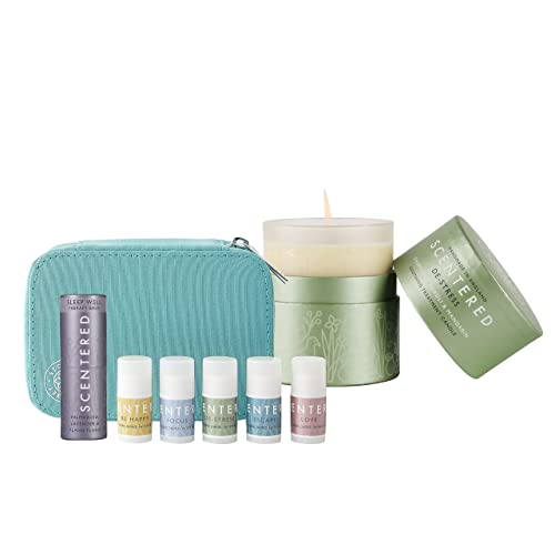 Scentered Aromatherapy DE-Stress Gift Set - Large Lavender Scented Candle & Sleep Well Balm with 5 Mini Balms (Focus, Happy, Escape, Love) - Travel Case Included - Perfect for Relaxation, Meditation & Stress Relief at Home or Office