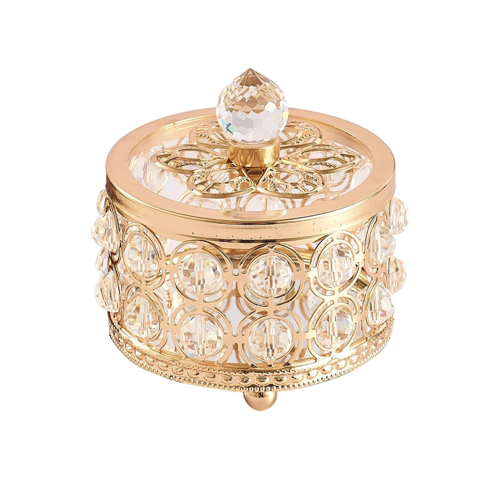 Yiju Crystal Jewelry Box with Mirror Base - Elegant Gold Decorative Storage Organizer with Lid (8cm x 9.5cm) for Necklaces, Rings & Small Treasures - Perfect for Dresser, Vanity Table & Gift Giving