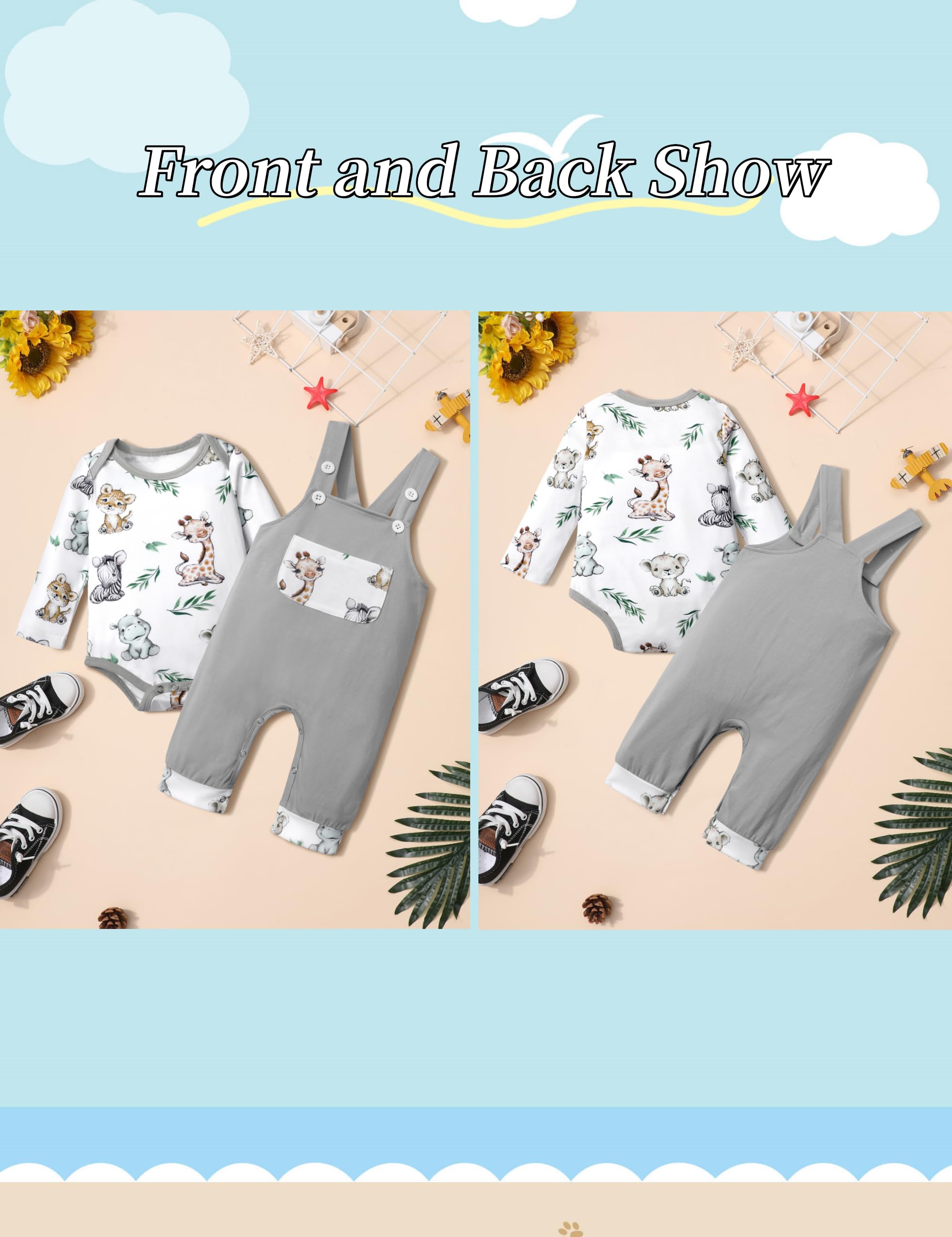 Baby Boy Clothes - Long Sleeve Animal Print Romper & Plaid Overalls Jumpsuit | Cute Outfits for Newborns & Infants | Perfect for Playdates, Photo Shoots & Special Occasions