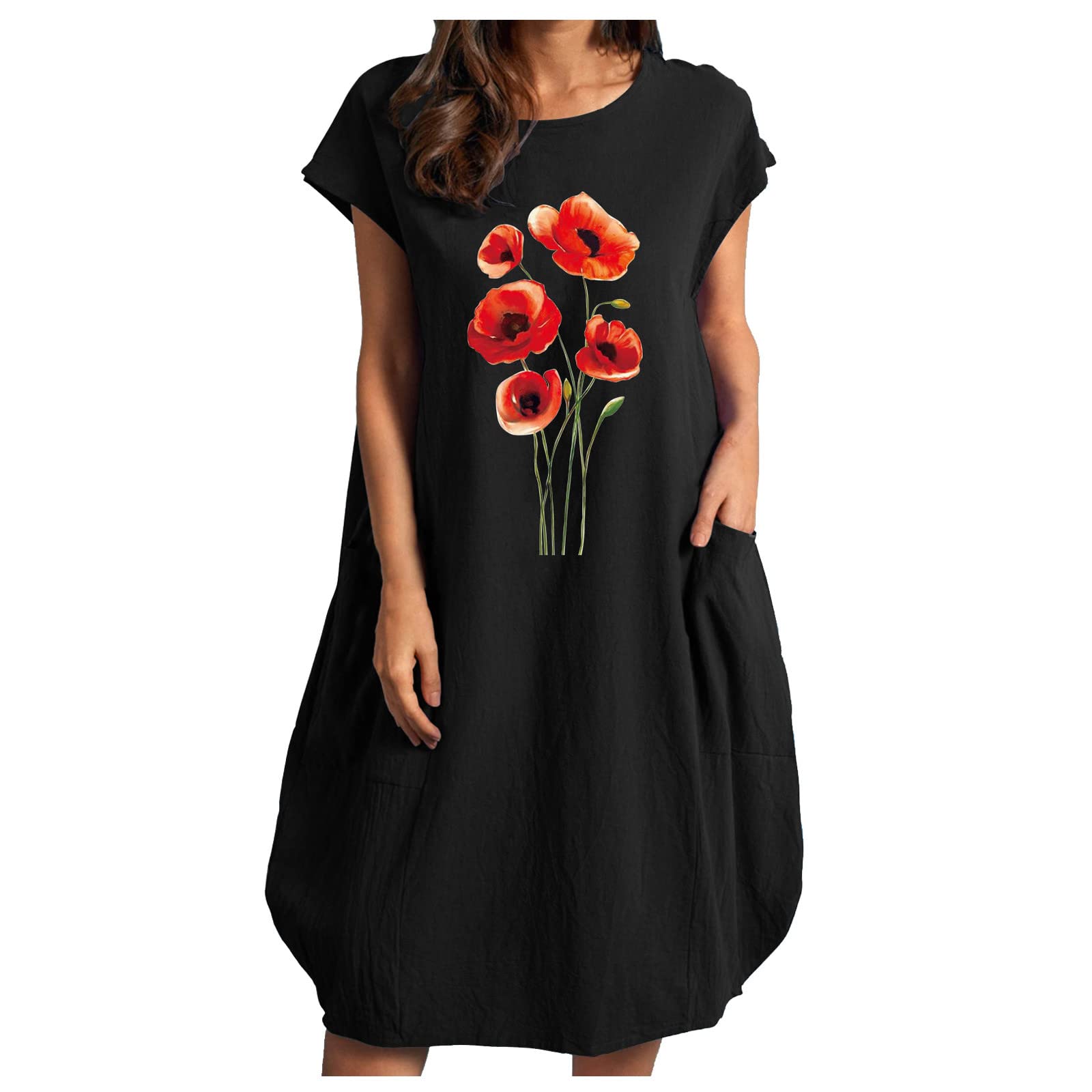 Women's Summer Cocktail Dress - Floral Print Short Sleeve O-Neck Pocket Party Dress | Perfect for Garden Parties, Date Nights & Casual Outings