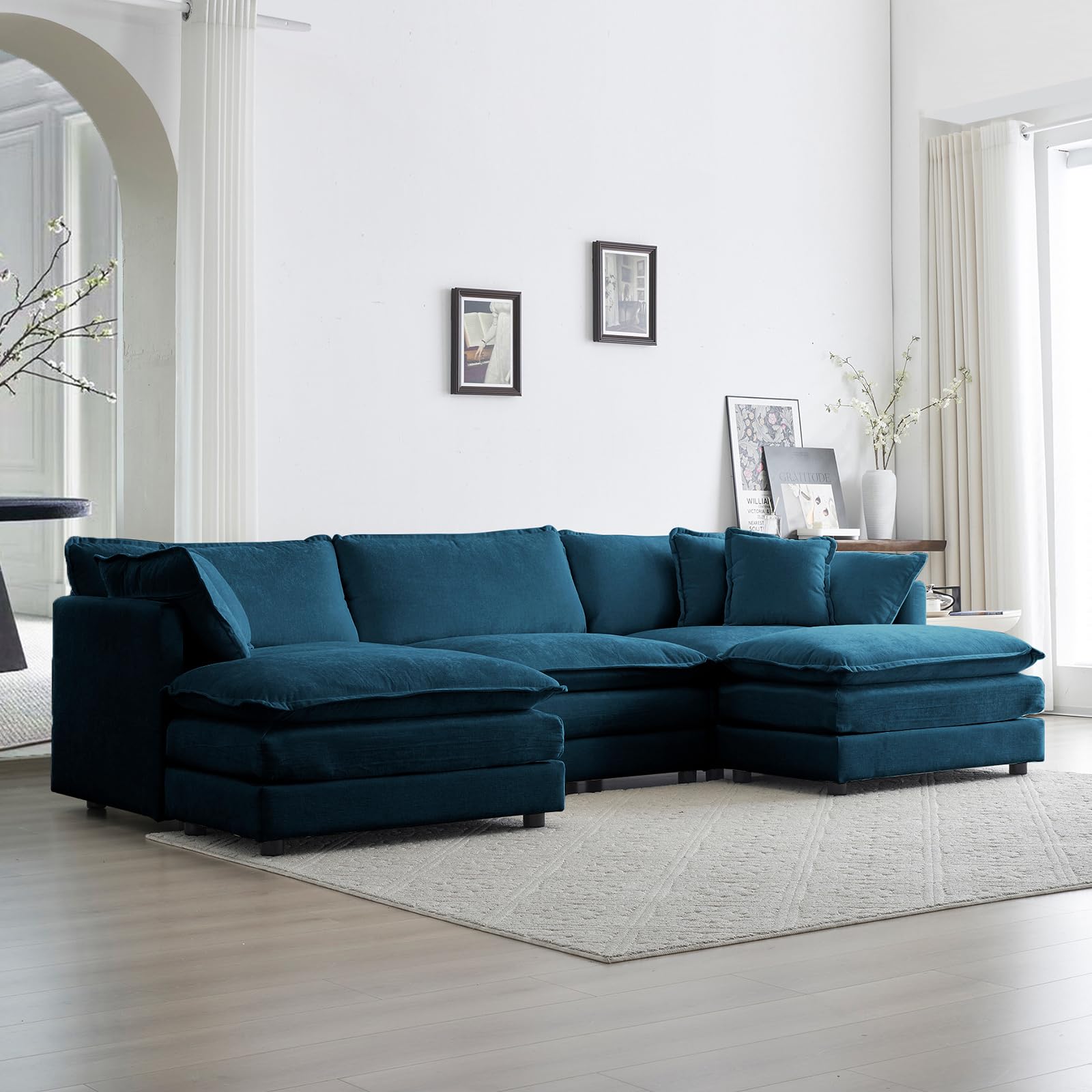 KIVENJAJA Chenille U-Shaped Modular Sectional Sofa - Modern 3-Seater Deep Seat Cloud Couch with 2 Ottomans/Chaises & 5 Throw Pillows - 111.5