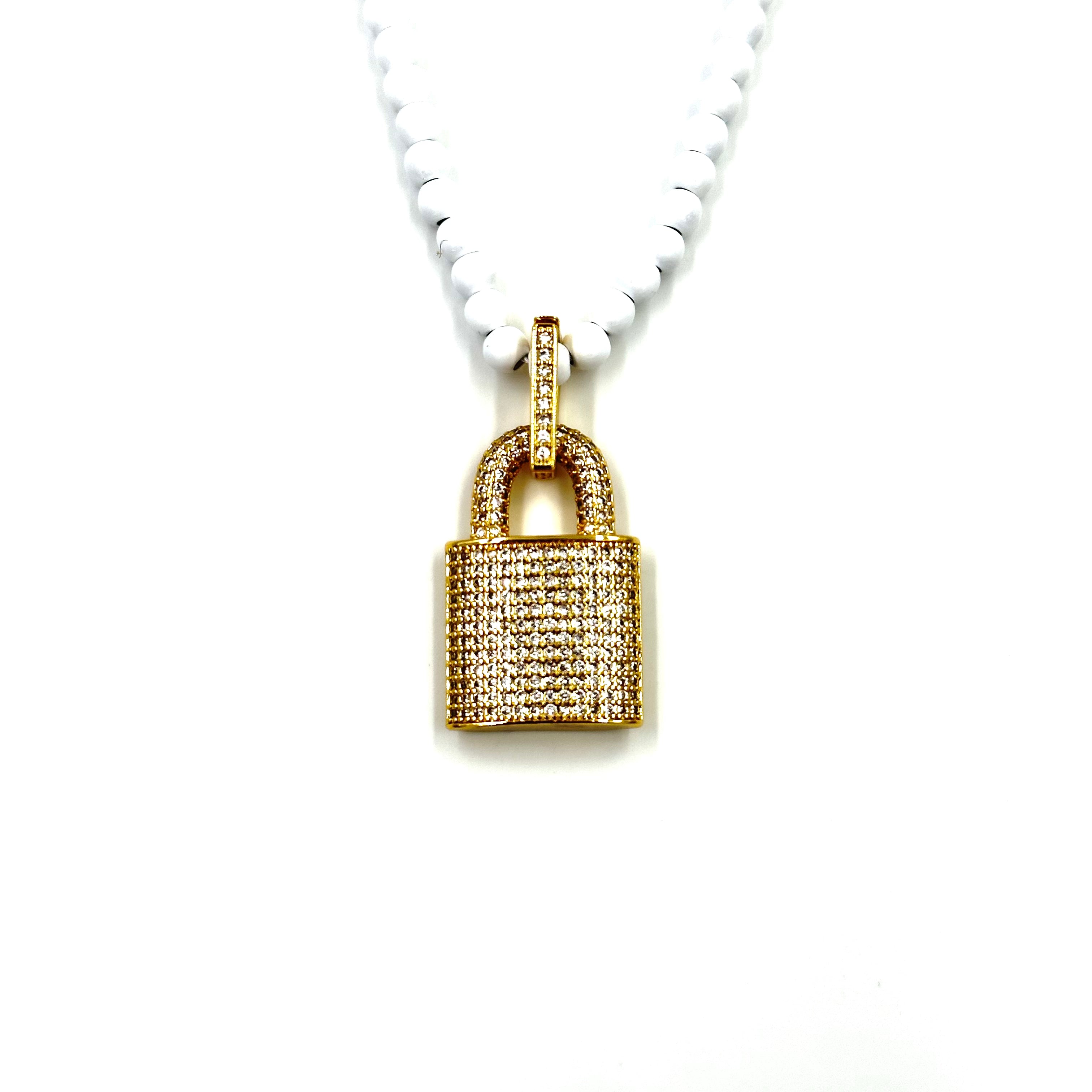 Ashley Gold Stainless Steel Gold Plated CZ Lock Pendant White Beaded Necklace for Women - Elegant Jewelry Gift for Birthday, Anniversary & Special Occasions