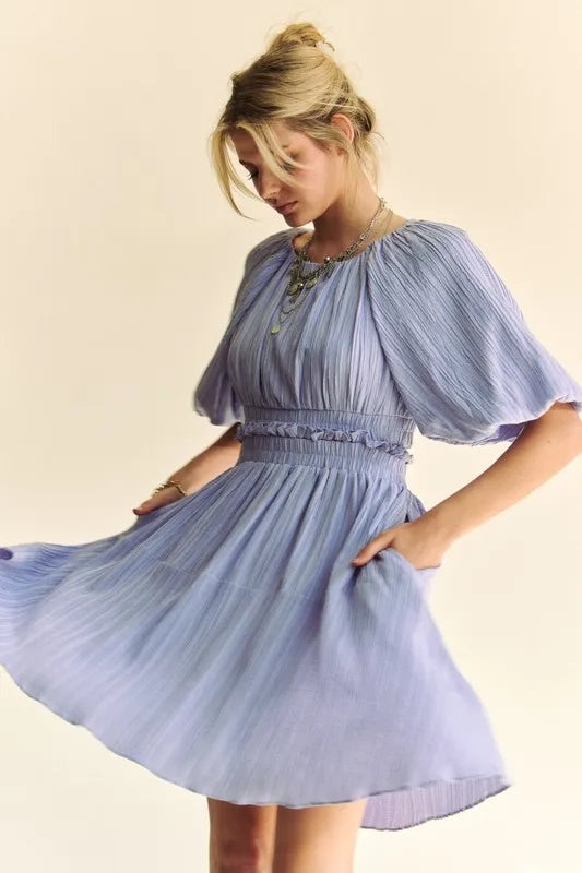 Lavender Back Button Puff Sleeve Mini Dress for Women | Summer Beach Resort Outfit | Perfect for Vacation, Wedding Guest & Date Night