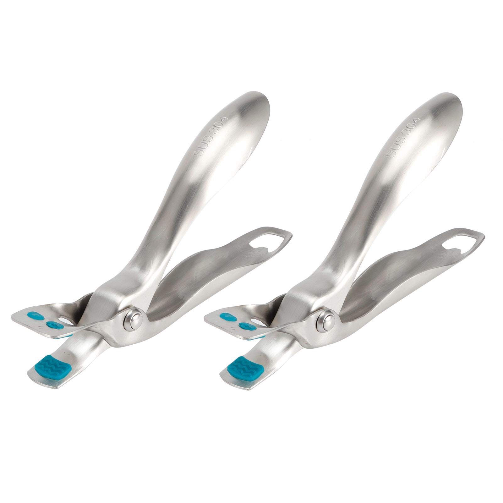 2-Pack Heat-Resistant Stainless Steel Bowl Pan Gripper with Bottle Opener - Non-Scald Kitchen Tongs for Instant Moving Hot Utensils, Pots & Plates - Perfect for Cooking, Serving & BBQ