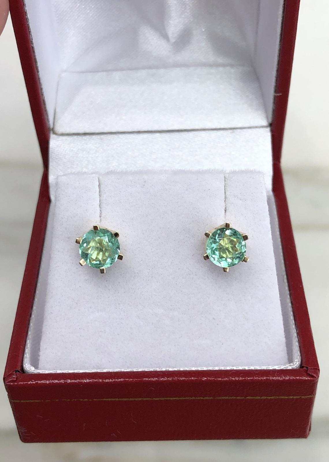 1.56tcw Round Six Prong 14K Gold Solitaire Earrings with Rich Bright Transparent Green Emerald - Perfect for Weddings, Parties & Special Occasions