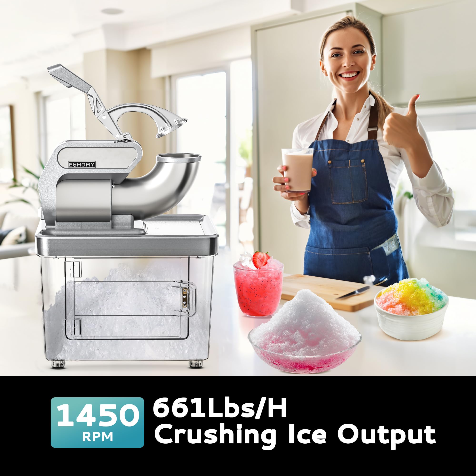 EUHOMY 300W Commercial Ice Crusher - 661Lbs/Hour High Capacity, ETL Certified Dual Blade Snow Cone Maker, Easy Clean Electric Shaved Ice Machine with Safety Switch - Perfect for Restaurants, Bars, Parties & Home Use (Silver)