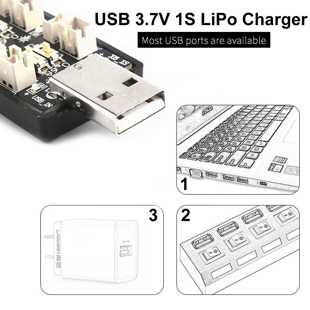 CrazyPony 6 Channel 1S LiPo USB Charger - Fast Charging for Tiny Whoop, Blade Inductrix & Micro JST Connectors - Perfect for FPV Drones, RC Toys & Micro Quadcopters