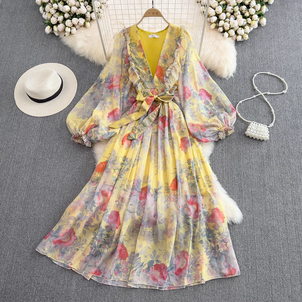 Elegant French Style Deep V Neck Floral Chiffon Maxi Dress with Long Sleeves - Women's Party, Wedding Guest & Special Occasion Evening Gown