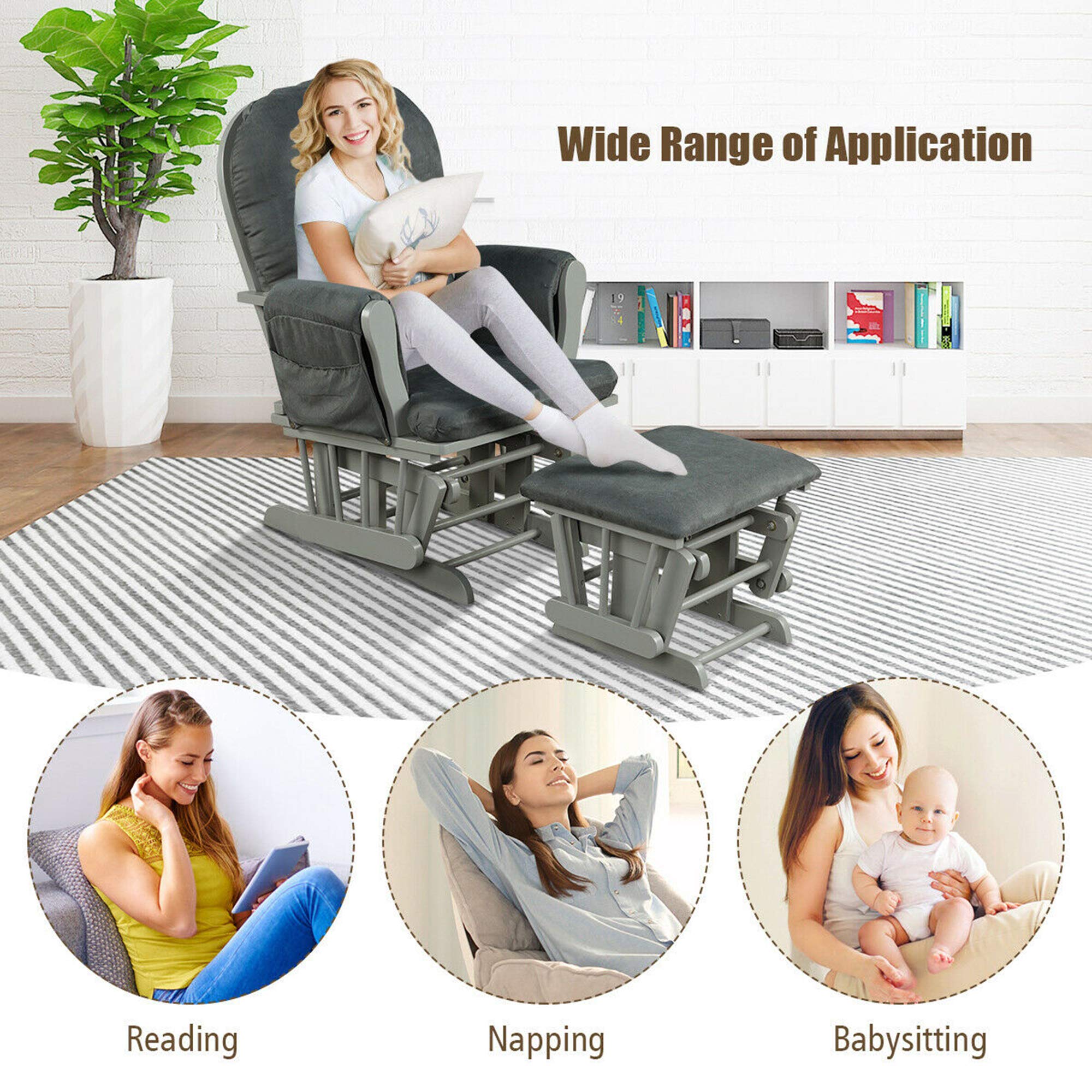 DORTALA Baby Glider Rocker with Ottoman - Adjustable Nursery Chair for Nursing, Feeding & Reading - Soft Upholstered Rocking Chair with Smooth Motion & Removable Washable Cover - Perfect for Nursery, Bedroom & Living Room (Grey)