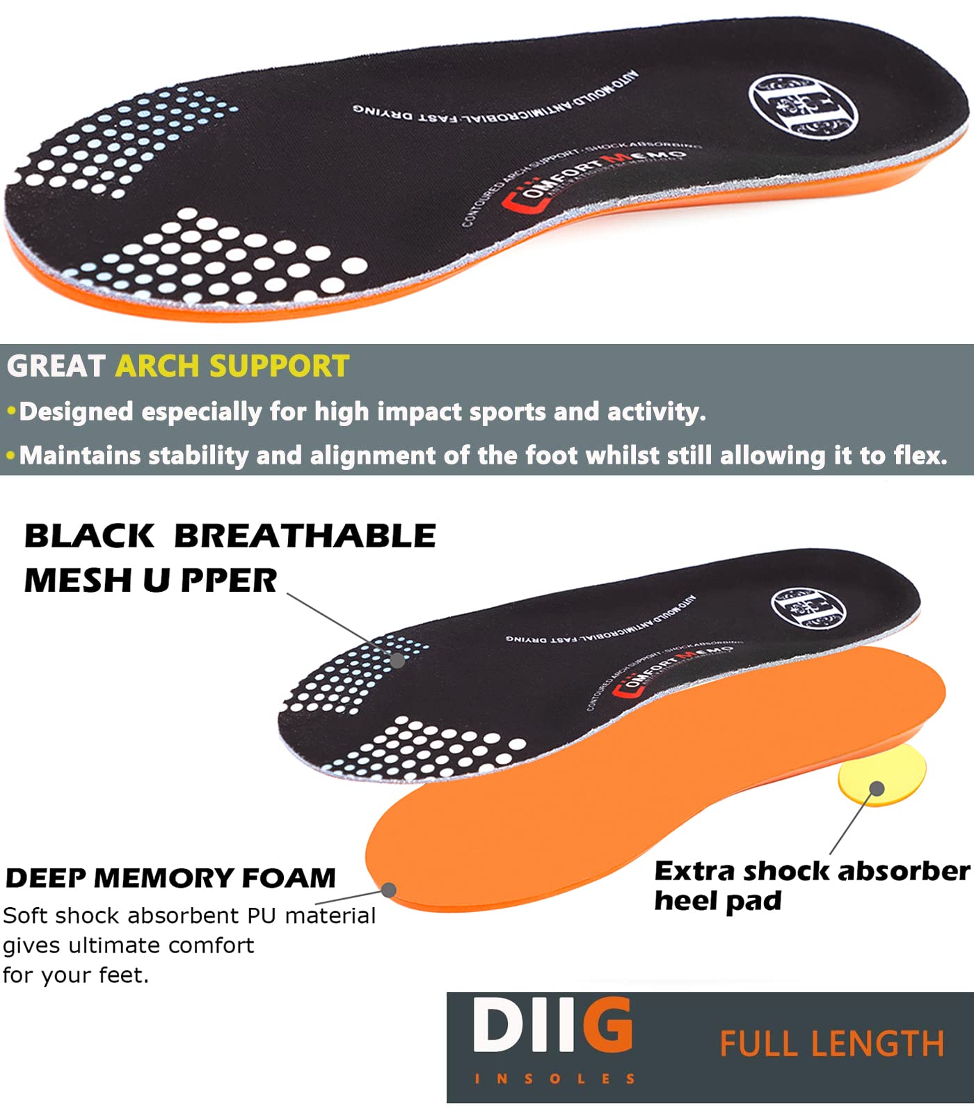 **Diig Memory Foam Orthotic Shoe Insoles for Men & Women – Relieves Flat Feet, Heel Pain & Fatigue – Full-Length Support for Work & Casual Shoes – Perfect for Standing All Day, Walking & Running**