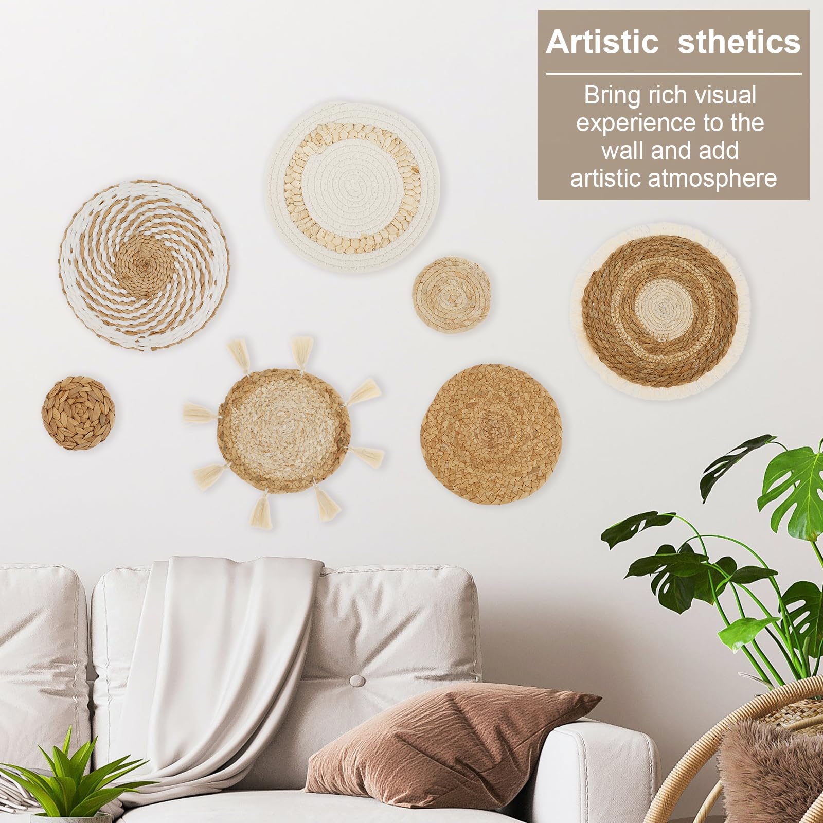 Boho Wall Basket Decor Set - 7 Pack Woven Seagrass Hanging Baskets for Home & Office Decor