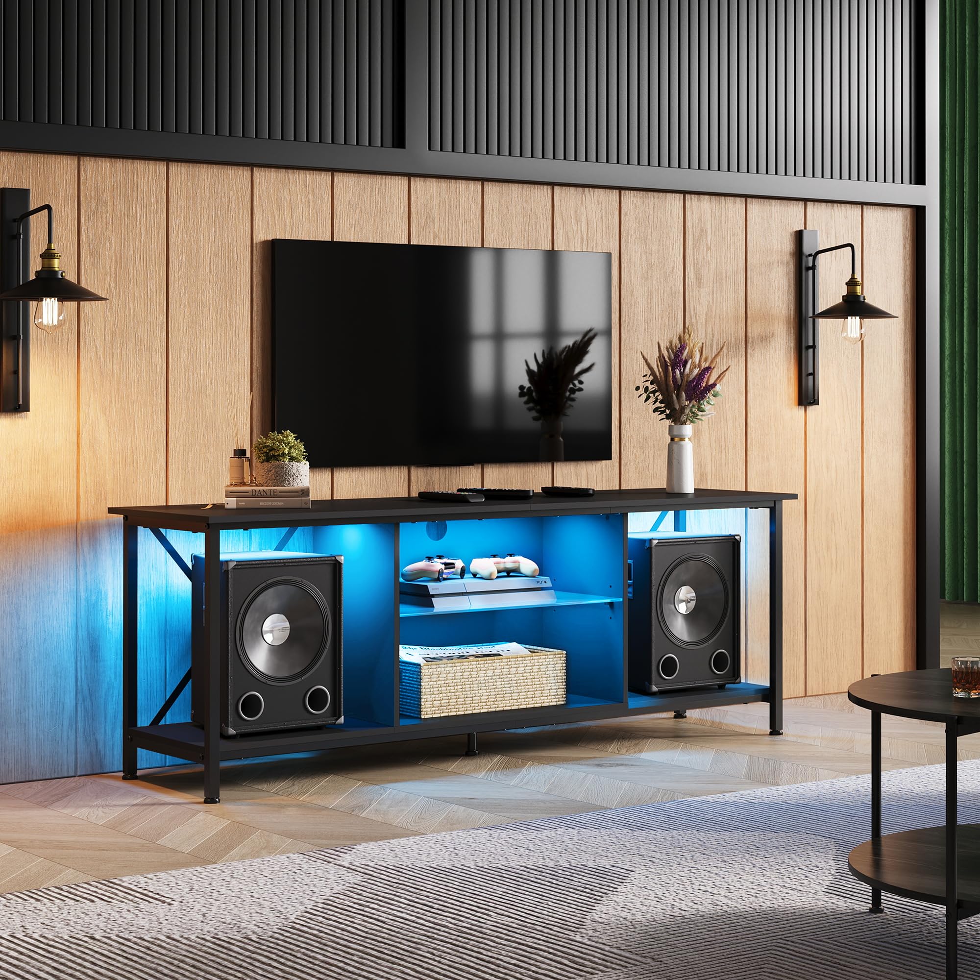WLIVE 65 Inch TV Stand with LED Lights, Industrial TV Console with Glass Shelves for Living Room & Bedroom - Black | Perfect for Modern Home Entertainment & Gaming Setup