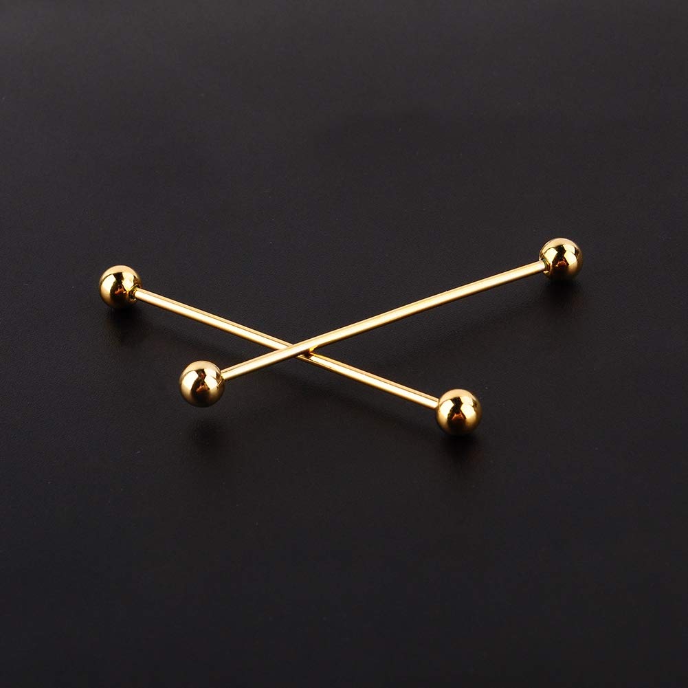 Gold Plated Steel Collar Pins for Men - 2 Pack Tie Bar Clips, 6CM Barbell Stud Brooch for Suits & Formal Wear | Perfect for Weddings, Business Meetings & Special Occasions