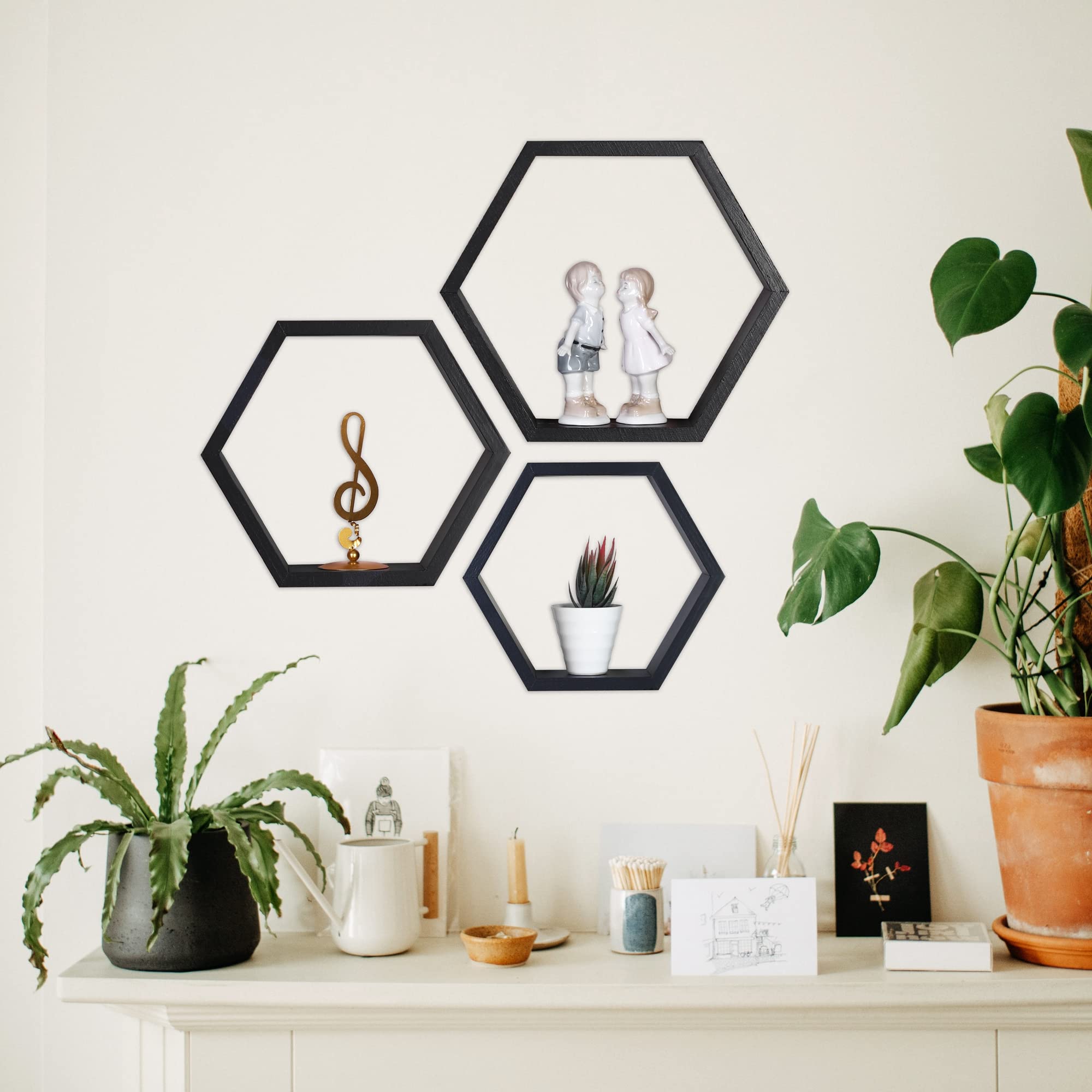 PHOENANCEE Hexagon Floating Shelves Set of 3 - Honeycomb Wall Shelves for Bathroom, Kitchen, Bedroom & Living Room | Farmhouse Style Wooden Wall Storage Shelves | Perfect for Home Decor, Organizing Essentials & Displaying Decorations