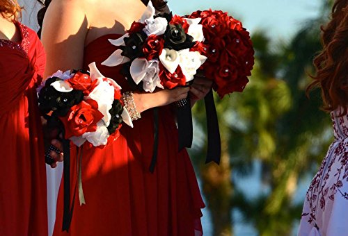 Artificial Flower Bouquet Set - Rose & Calla Lily Wedding Corsage Boutonniere for Bridesmaids (Red/White/Black) | DIY Wedding Decor, Bridal Shower, Anniversary Gift
