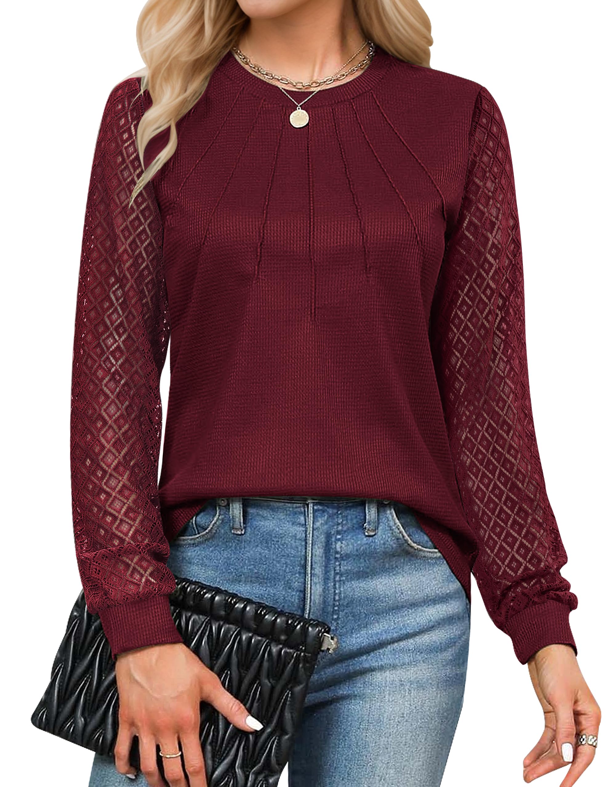 Blooming Jelly Women's Lace Long Sleeve Pleated Blouse - Waffle Knit Business Casual Top for Work & Fall Outfits | Perfect for Office Wear, Date Nights & Autumn Layering