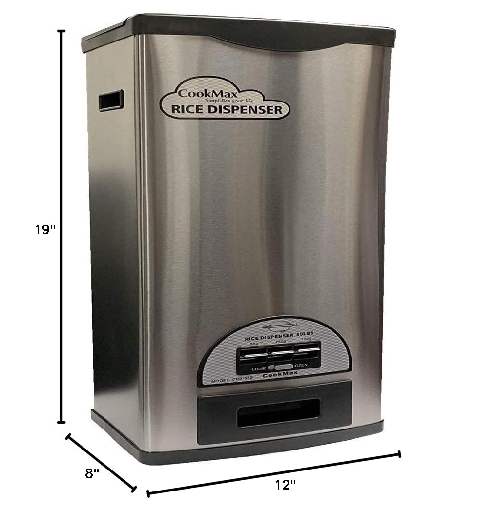 Modern Minimalist 30lbs Stainless Steel Rice Dispenser - 12x8x19 Inches with Precise Measurement (100g/150g/250g) - Perfect for Kitchen Pantry Organization & Bulk Food Storage