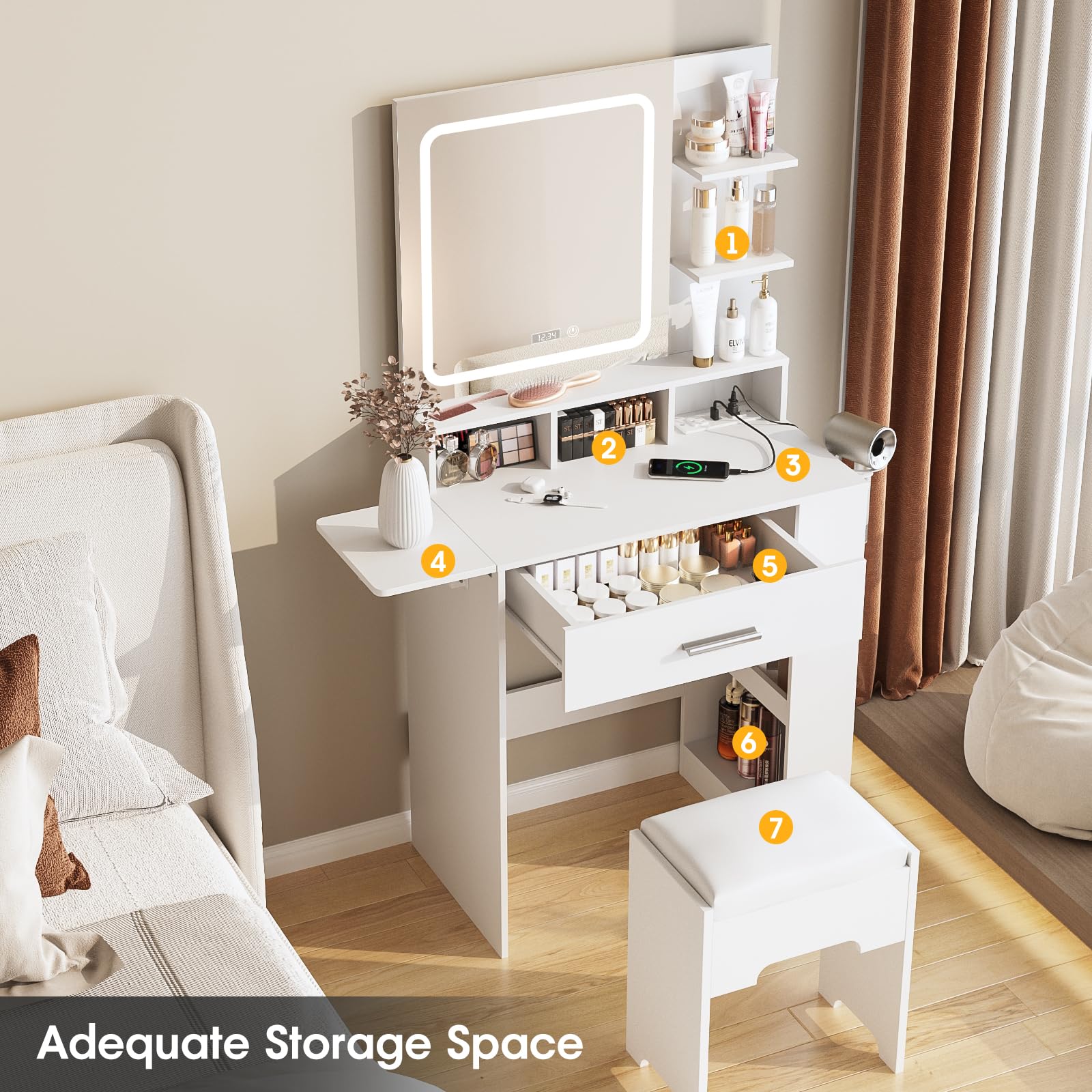 Fameill Small Vanity Desk with Mirror & LED Lights, White Makeup Vanity Table with Drawer, Storage Shelves, USB Charging Station & Digital Clock - Includes Vanity Chair for Bedroom, Dressing Room & Apartment Decor