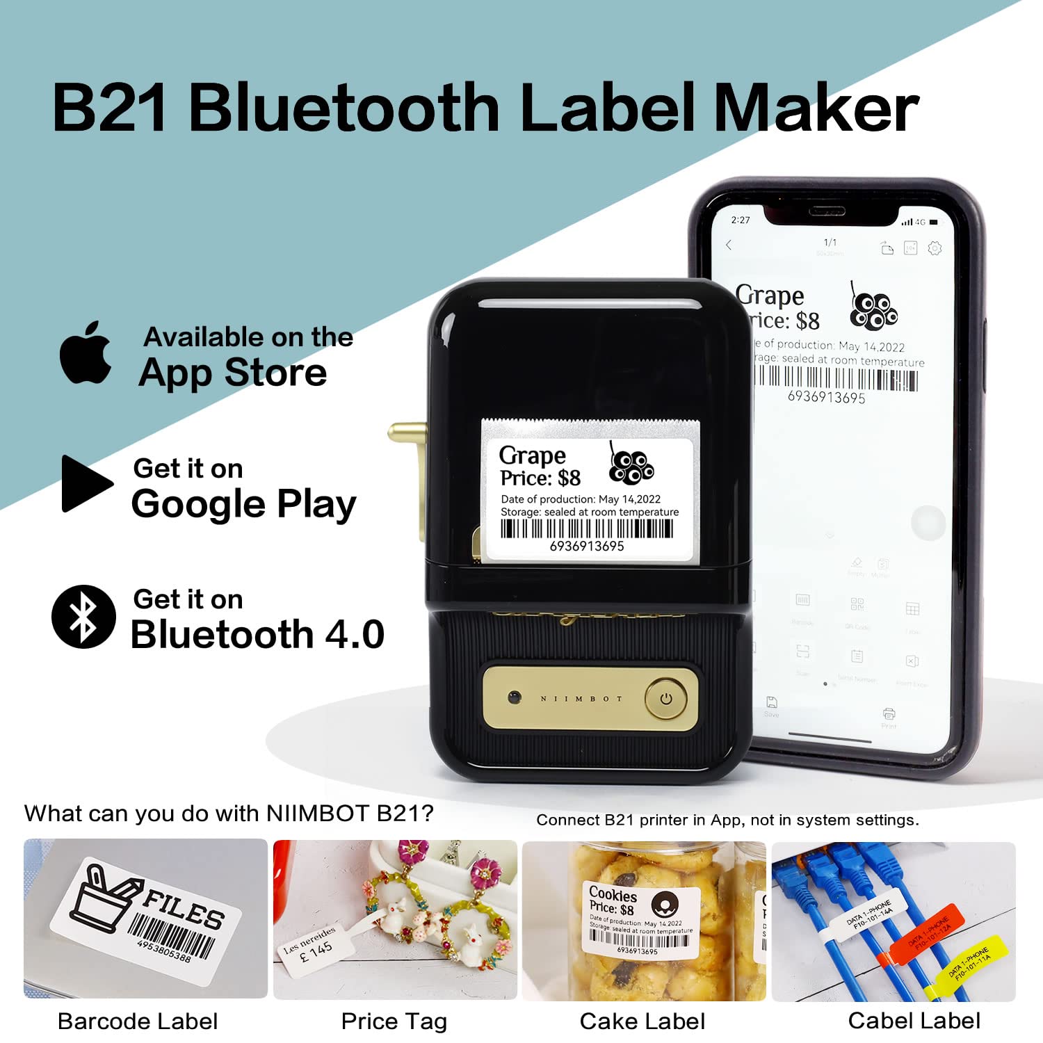 Portable Bluetooth Thermal Barcode Label Printer - Mini Label Maker for Office, Retail, Cable & Barcode Labeling | Compatible with Android & iOS | Includes 50×30mm Labels (Black) | Perfect for Shipping, Inventory & Small Business Organization