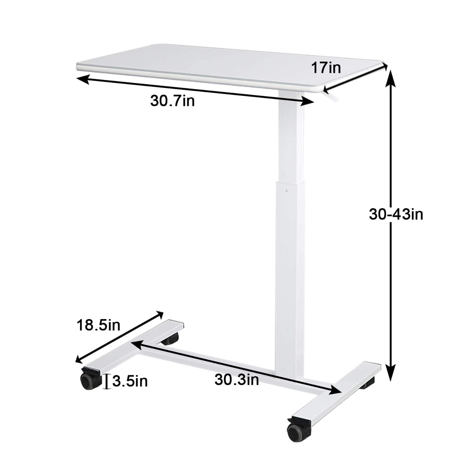 Adjustable Pneumatic Overbed Table - Mobile Laptop Desk with Tray for Hospital, Bedside & Home Office (White, 31