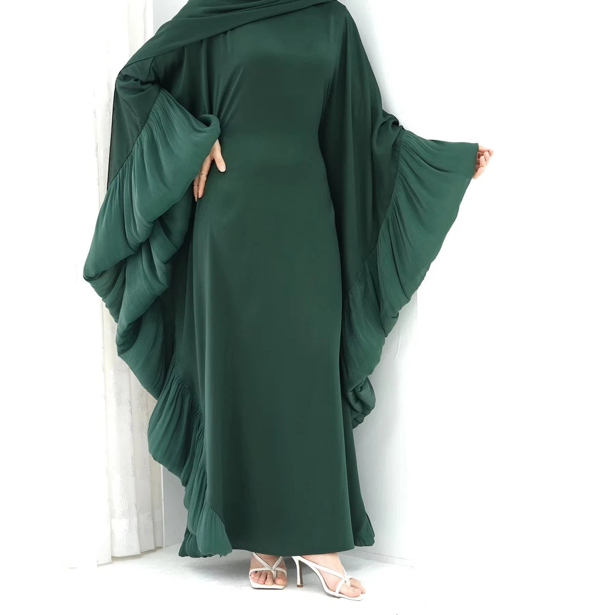 Elegant Butterfly Sleeve Farasha Abaya Dress with Inner Belt #25951 - Modest Muslim Women's Prayer Dress for Mosque & Special Occasions
