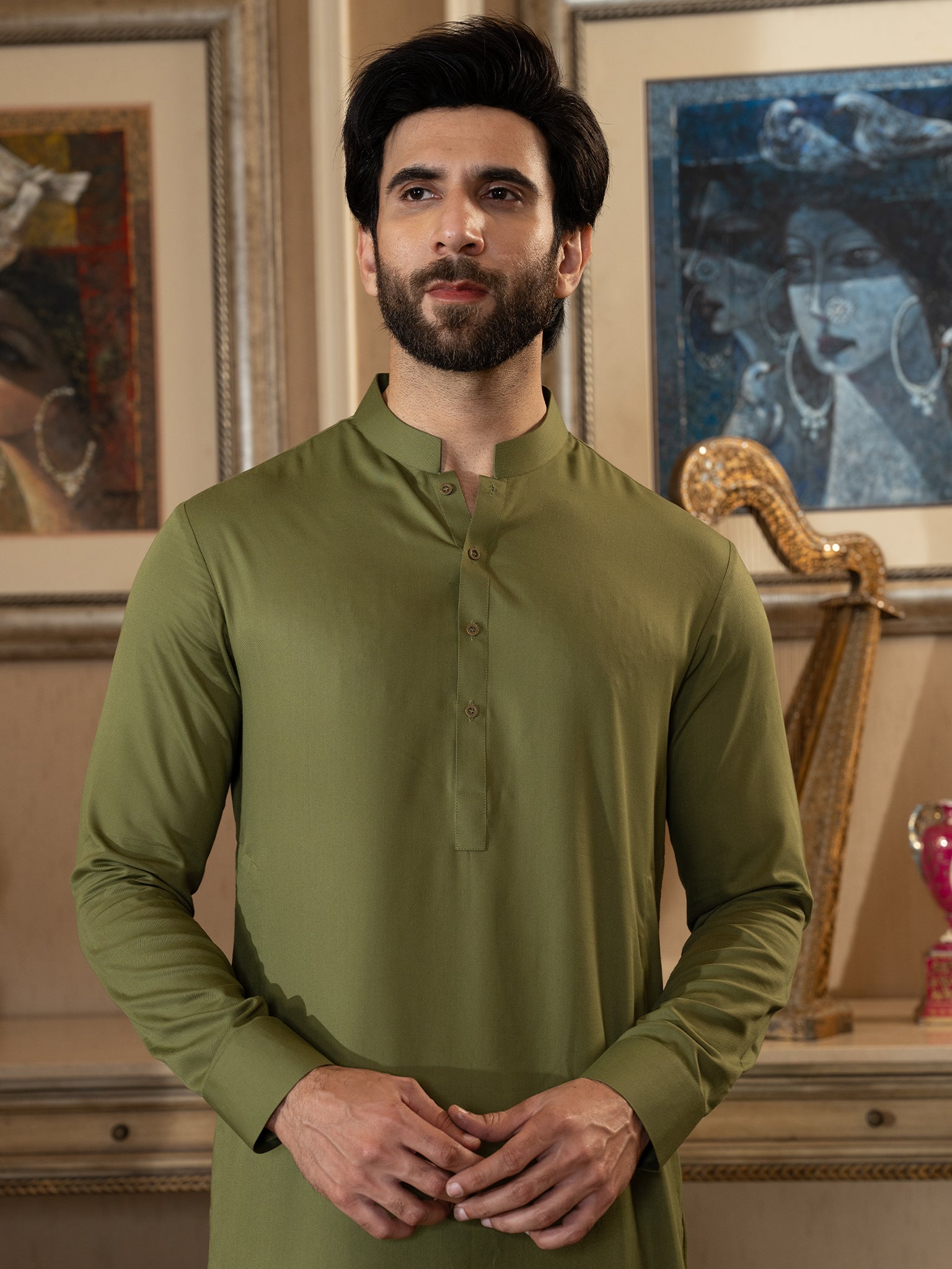 Blended Burberry Sedar Green Kurta Trouser by J. Junaid Jamshed - Premium Pakistani Traditional Outfit for Men - Perfect for Eid, Weddings & Special Occasions