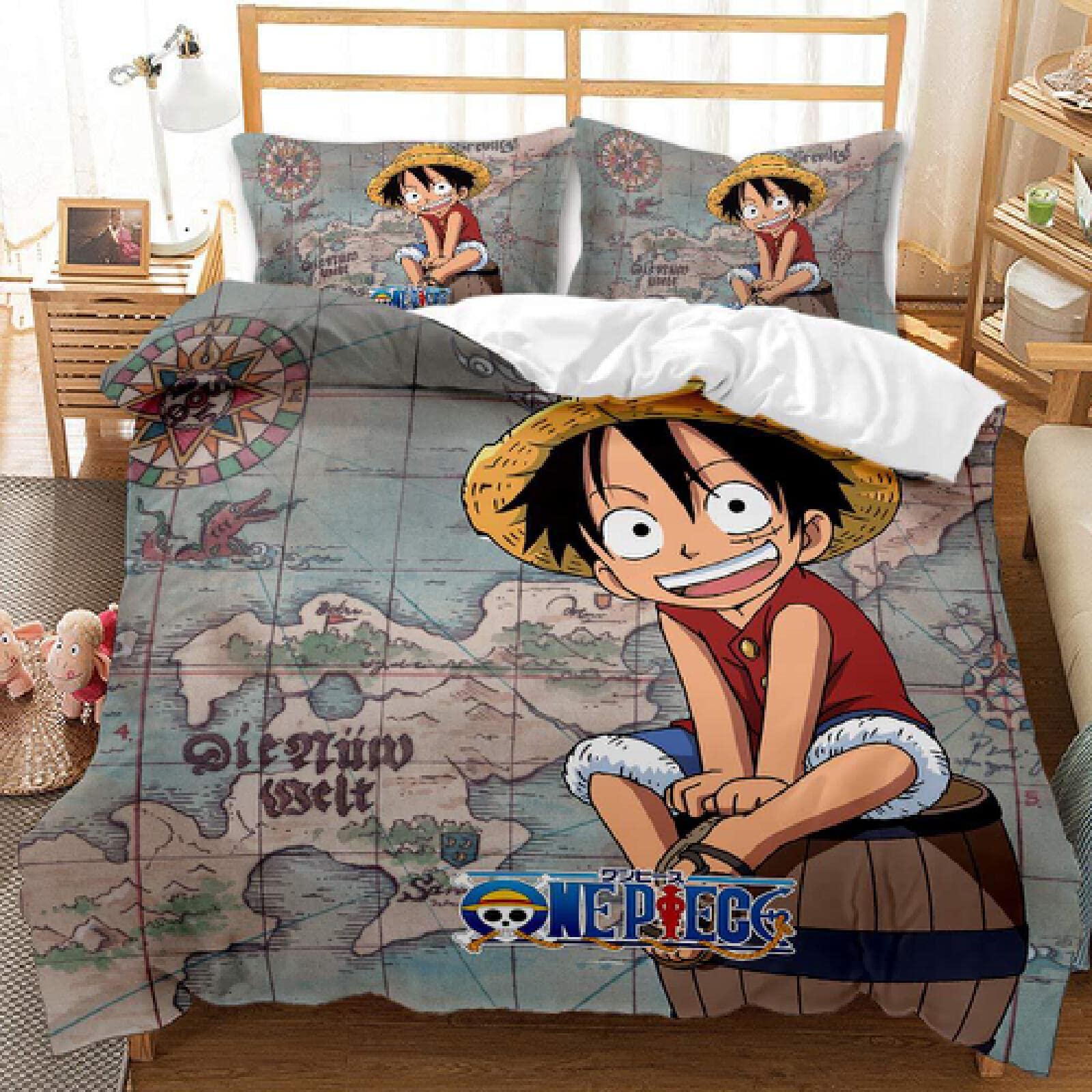 **One Piece Anime Kids Duvet Cover Set - Luffy & Zoro 3-Piece Cotton Bedding for Boys & Girls, Soft Comforter Cover & Pillowcases (102