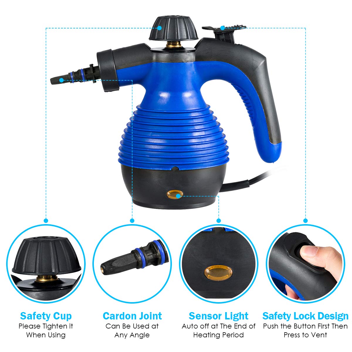 GOFLAME 1050W Handheld Steam Cleaner - Multi-Purpose Sanitizer & Steamer for Bathroom, Kitchen, Floors | Removes Stains, Grease, Bacteria | Portable Steam Iron for Clothes & Home Cleaning (Blue)