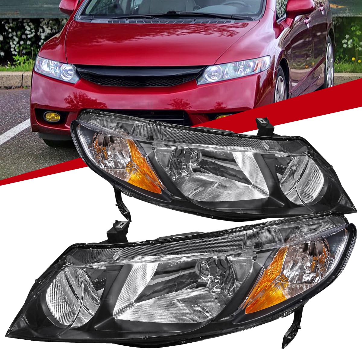 06-11 Honda Civic Sedan 4Dr Headlights - JDM Black Housing with Amber LED Lights for Si, EX, LX, DX, GX & Hybrid Models | Perfect for Night Driving & Car Customization