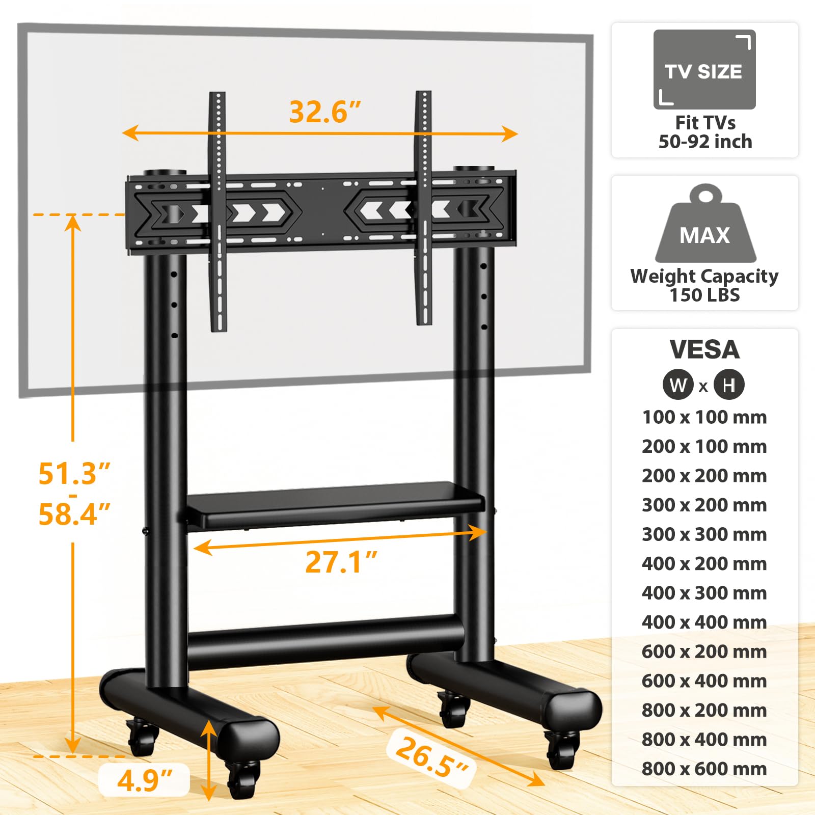 Heavy Duty Rolling TV Stand for 50-92 Inch Large TVs up to 150 Lbs - Height Adjustable Mobile TV Cart with Storage Shelf - Upgraded Portable TV Stand on Wheels for Living Room, Office, Trade Show - Perfect for Home Theater, Conference Rooms & Commercial Displays