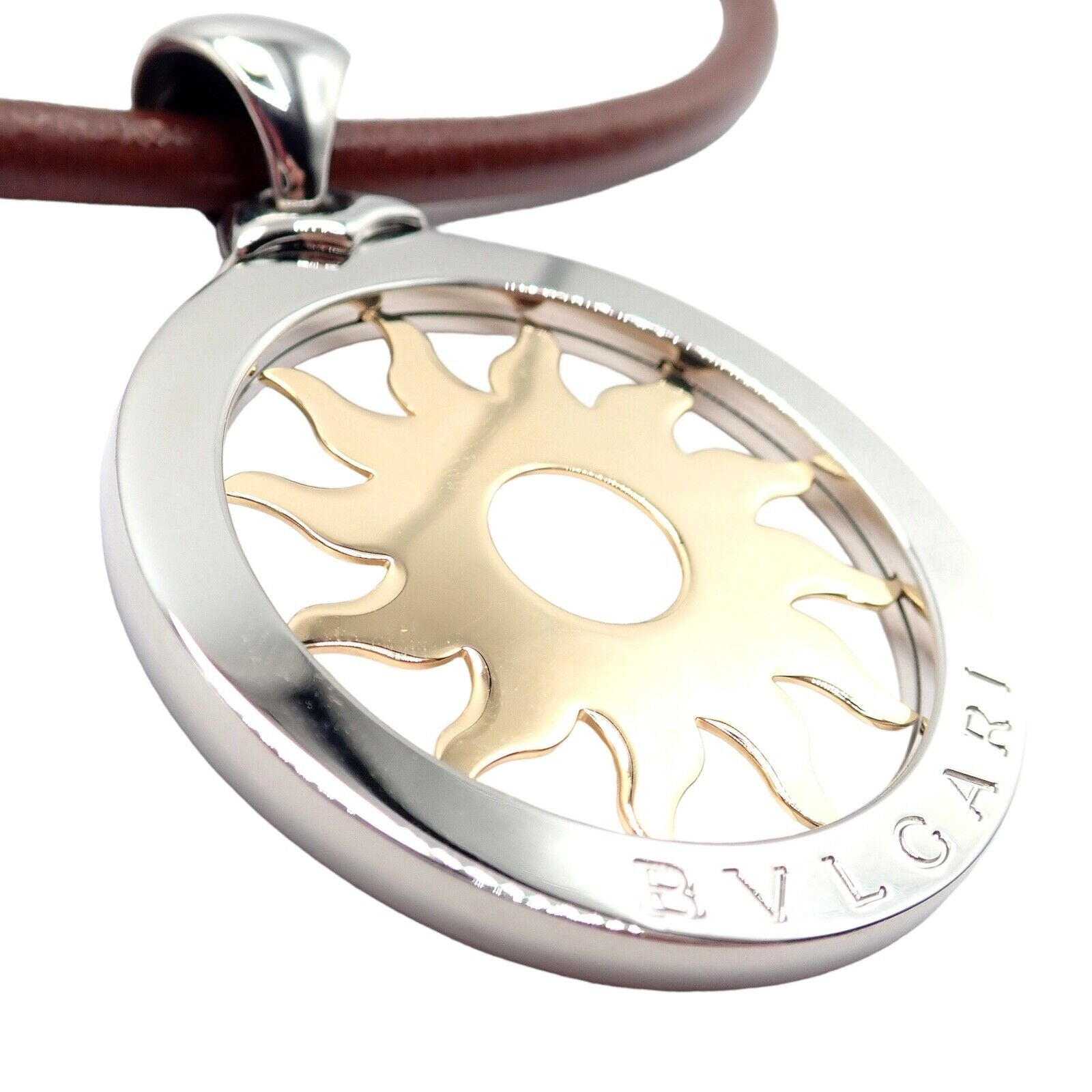 Bulgari Tondo Sun 18k Gold & Steel Extra Large Pendant Necklace with Brown Leather Strap - Luxury Jewelry for Women, Perfect for Parties & Special Occasions