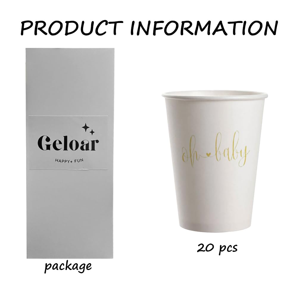 Oh Baby Disposable Paper Party Cups - 20 Pack 9oz Gold Heart Design for Baby Shower, Welcome Party & Gender Reveal - Elegant & Eco-Friendly Celebration Cups for Special Occasions