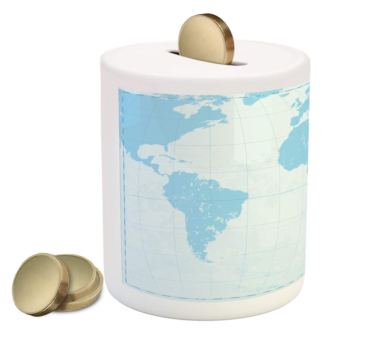 Ambesonne Vintage World Map Piggy Bank - Ceramic Coin Bank with Retro Compass Design for Cash Saving | Blue Grunge Background Money Box | Perfect Gift for Travel Lovers & Geography Enthusiasts | Home Decor, Kids Savings, Office Desk Accessory