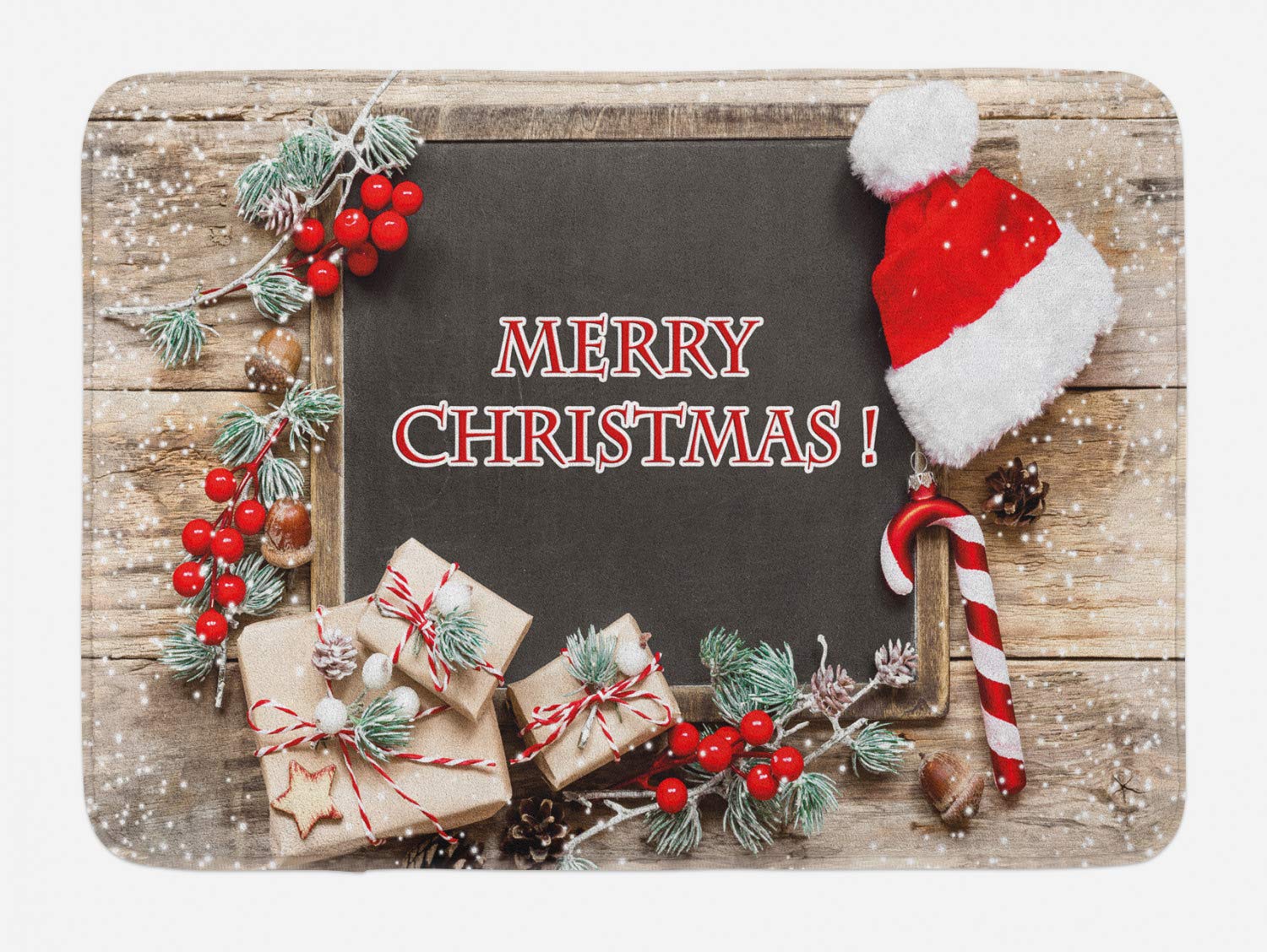 Ambesonne Christmas Bath Mat - Non-Slip Plush Bathroom Rug with Vivid Holiday Balls & Wooden Lines Design, 30.2 x 20 Inches, Multicolor - Perfect for Festive Home Decor, Winter Bathroom Upgrade & Cozy Holiday Gift