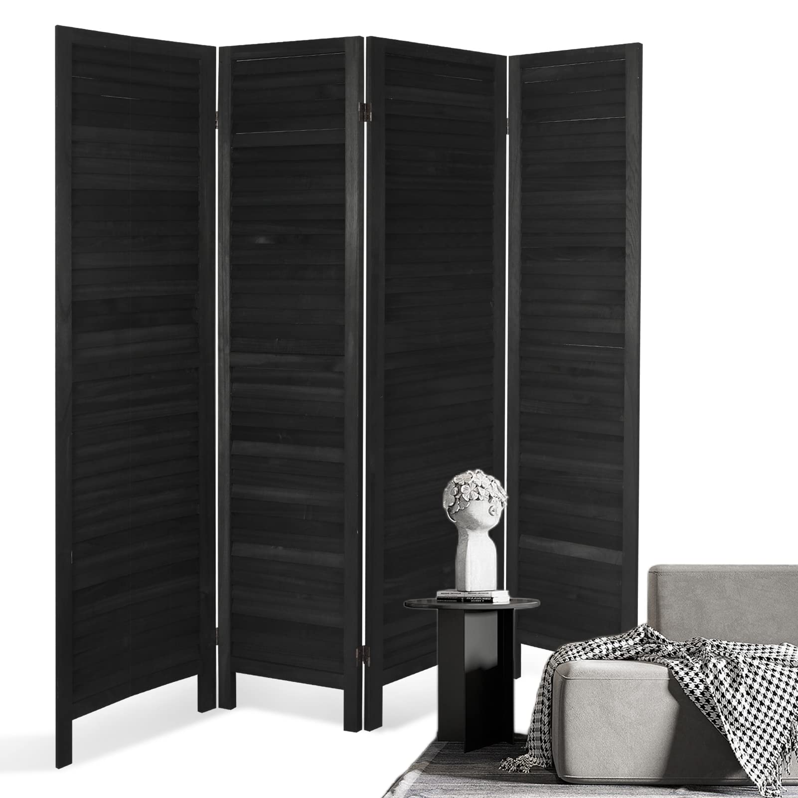 ECOMEX 4 Panel Wooden Room Divider - Folding Privacy Screen for Home & Office - Freestanding Temporary Wall Separator - Black - Perfect for Bedroom, Living Room, and Workspace Partitions