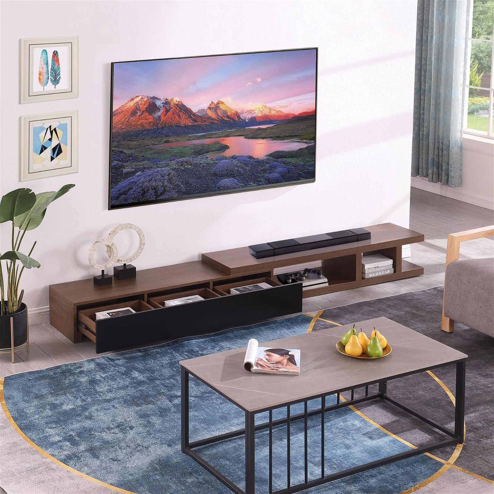 Criterion Dark Oak Extendable TV Stand 279cm - Modern Entertainment Center for Living Room, Home Theater & Media Storage