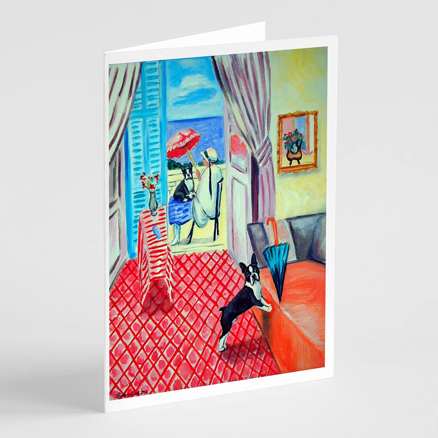 Caroline's Treasures 7120GCA7P Whimsical Lady with Boston Terrier Blank Greeting Cards - Pack of 8 A7 Size (5x7) Note Cards with Envelopes - Perfect for Birthdays, Thank You Notes & Special Occasions