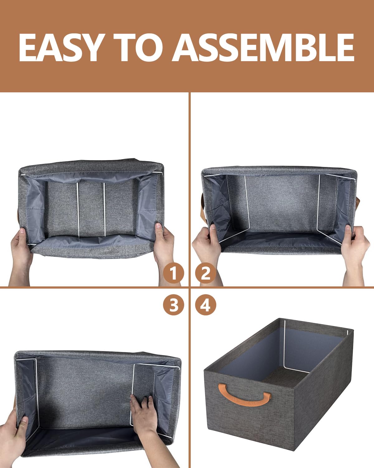 Collapsible Metal Frame Storage Bins - 3 Pcs, Grey for Closet & Wardrobe Organization