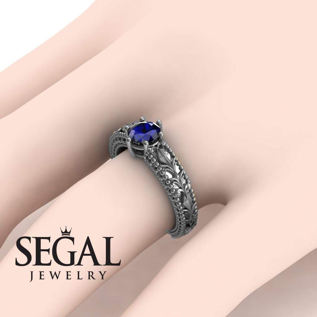14K White Gold Victorian Art Deco Engagement Ring with Sapphire - Unique Antique Jewelry for Weddings, Anniversaries & Special Occasions