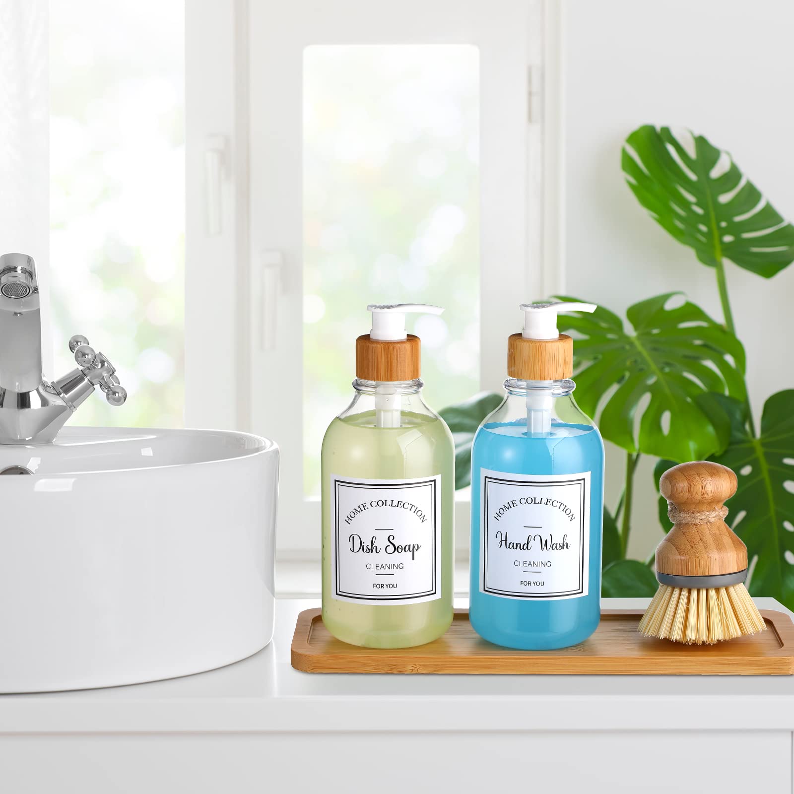 Zopeal 4-Piece 16 oz Kitchen Soap Dispenser Set with Bamboo Tray & Dish Brush - Plastic Hand & Dish Soap Dispenser with Waterproof Labels (Transparent) - Perfect for Kitchen, Bathroom & Laundry Room Organization