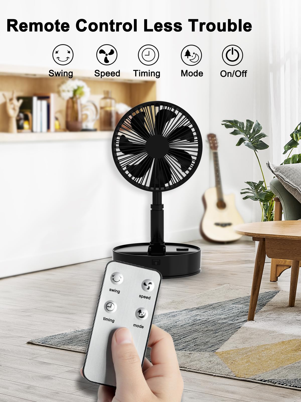 UN UNITEDTIME Foldable Fan with Remote Control - 7200mAh Rechargeable Battery, 4 Speed Settings & Timer - Portable Pedestal Fan for Camping, Travel, Outdoor, Home Use - Perfect for Bedroom, Office, and Patio (Black)