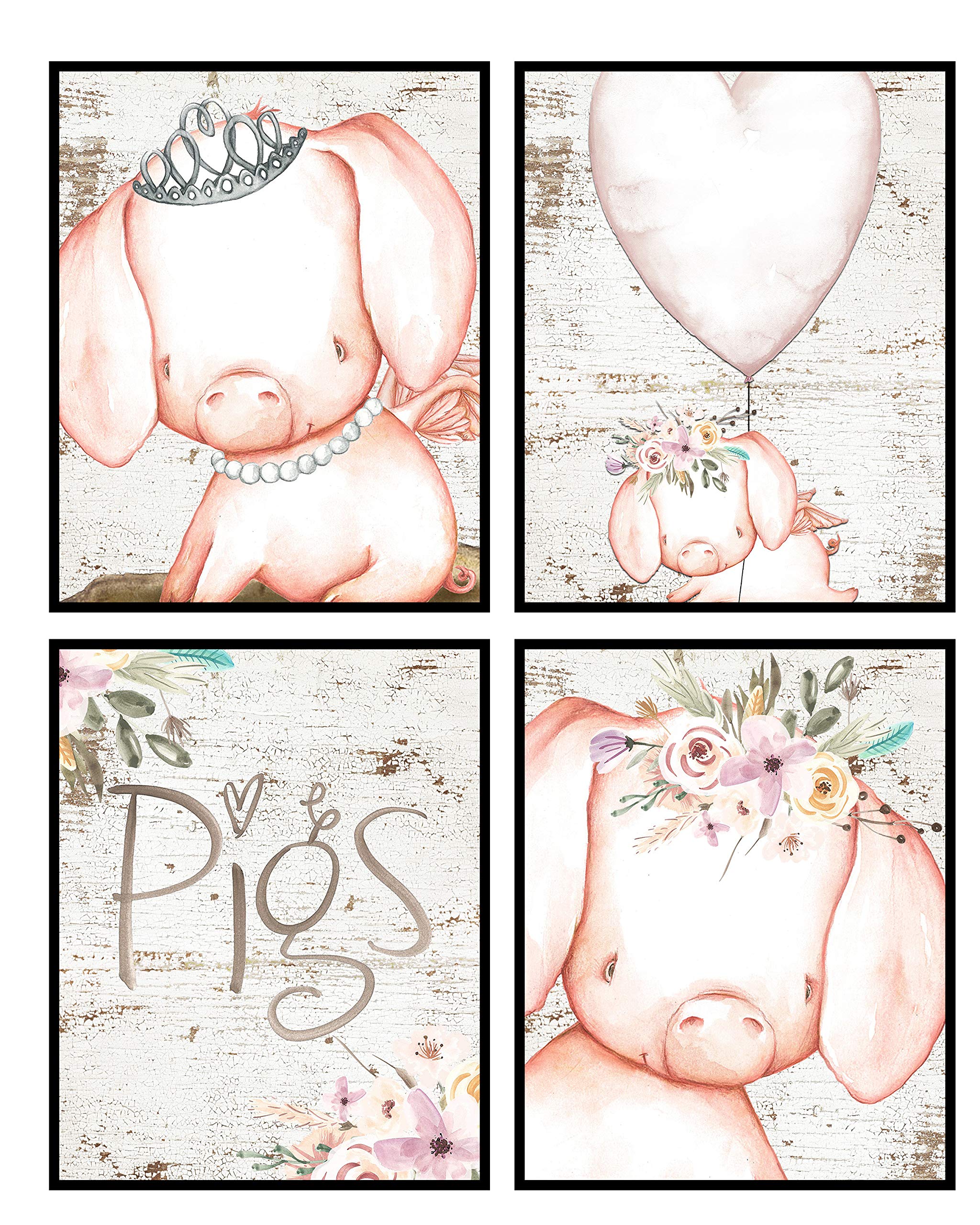 Silly Goose Pigs Watercolor Art Print Set of 4 - 8x10in Wall Decor for Nursery & Living Room