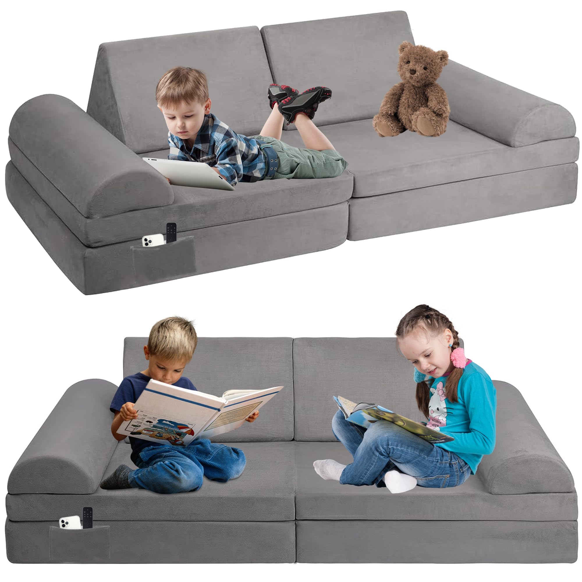 SENSWEET Kids Modular Couch - Large Toddler Sofa for Playroom, Creative Play, Nap Time & Indoor Activities - Soft Children's Sectional for Boys & Girls (Grey) - Perfect for Playdates, Movie Nights & Reading Nook