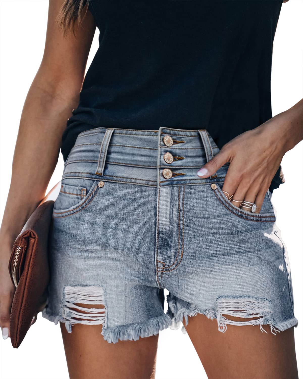 Angerella Women's Mid Rise Ripped Denim Shorts - Distressed Jean Shorts for Women - Casual Summer Outfit, Beach Wear & Street Style Fashion