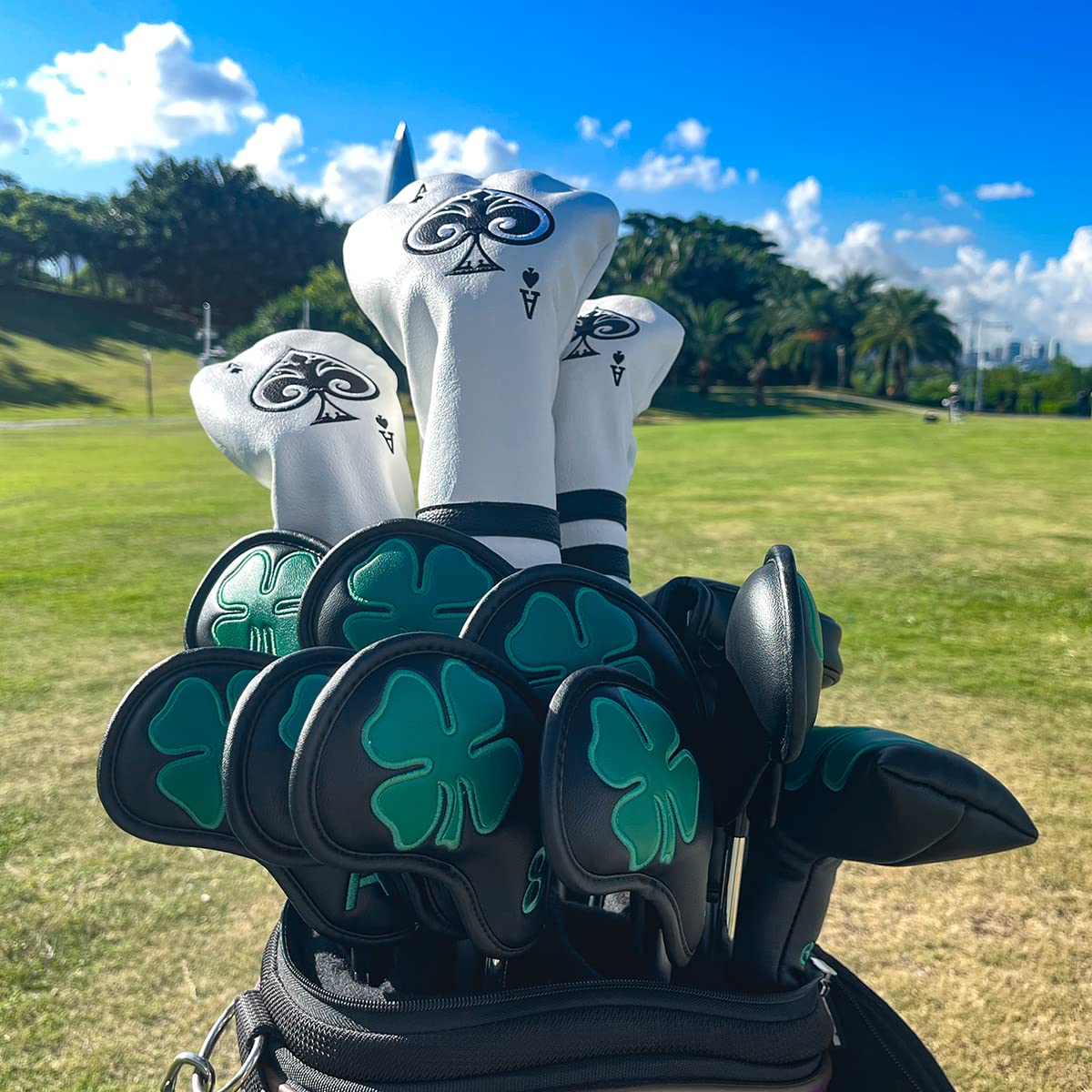Premium Leather Golf Iron Head Covers Set of 10 - Lucky Clover Design with Magic Tape for All Brand Clubs | Protective Club Covers for Golf Bags & Travel Cases