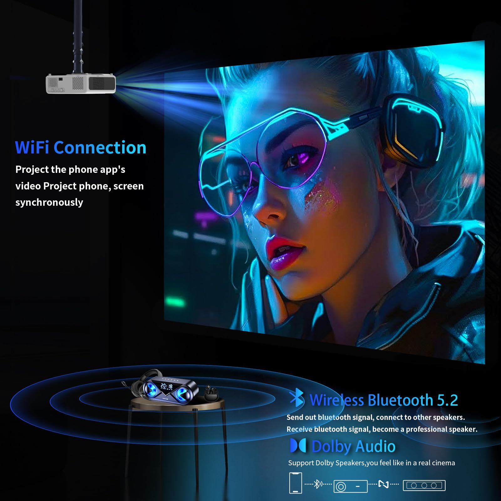 Auto Focus & Auto Keystone Smart 4K Outdoor Projector with WiFi & Bluetooth 5.2 - 1300ANSI DIPIKPRJ Movie Projector, 50% Zoom & 30W Speaker, Dust-Proof Home Theater for Backyard Movies, Gaming & Streaming with Phone/TV Stick/PC