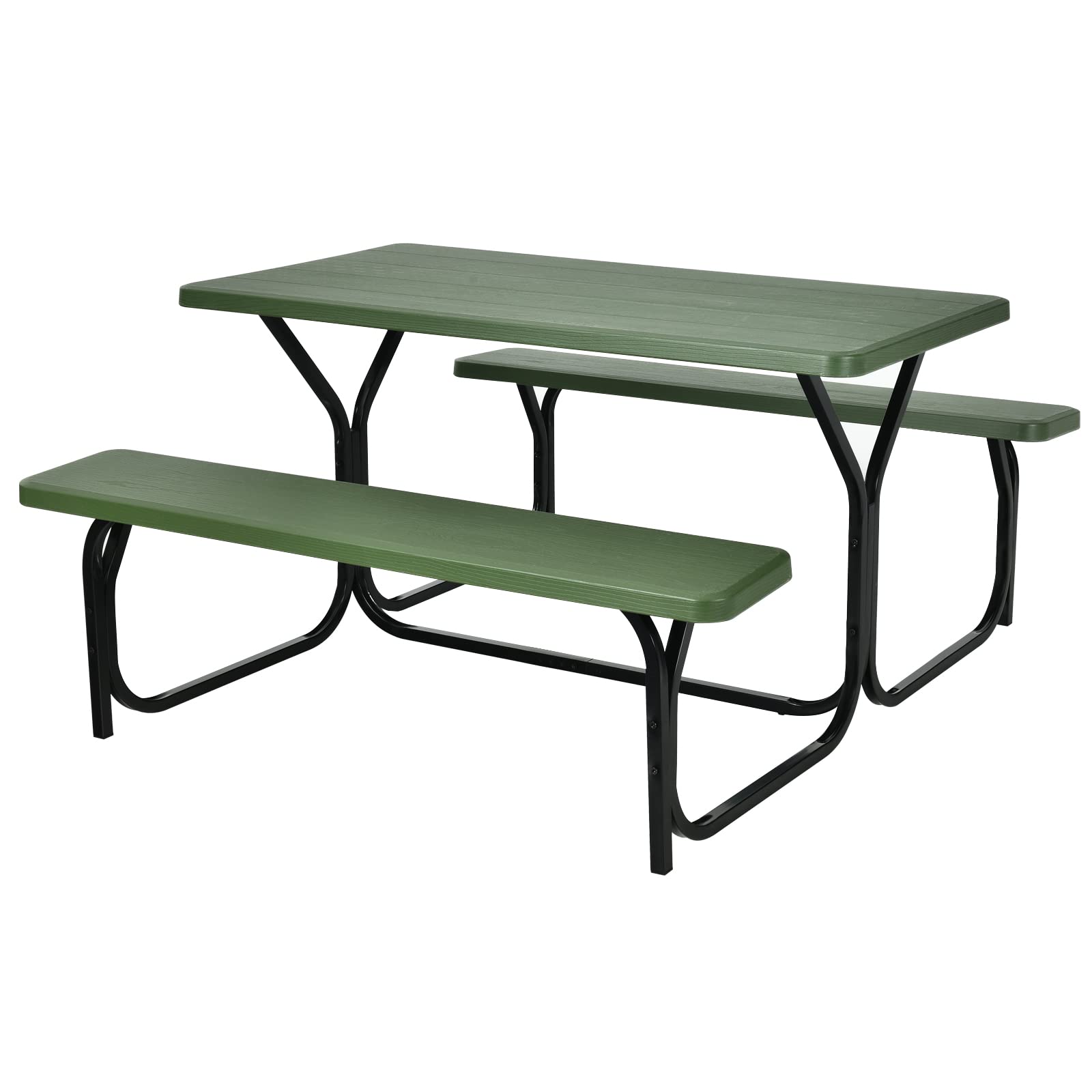 Moccha Portable Plastic Picnic Table Bench Set with Steel Frame & Wood-Like Texture - Heavy Duty All-Weather Outdoor Dining Set for Garden, Patio, Backyard, Camping and Party Gatherings (Green)