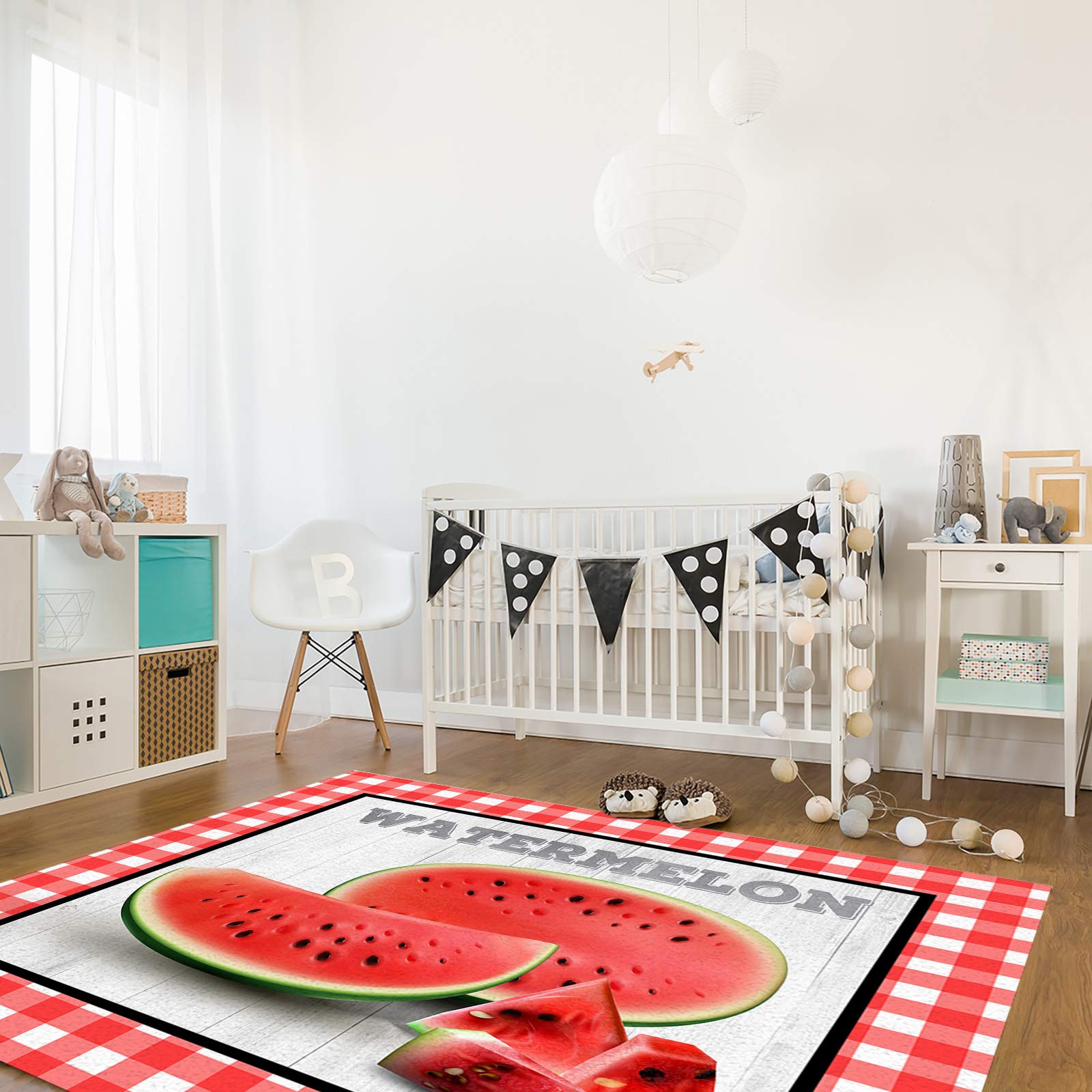 Large Non-Slip Area Rug 2'7x5' - Watermelon Pattern Summer Bedroom Carpet, Buffalo Plaid Kitchen Runner, Red and White Floor Mat for Living Room, Dorm, Nursery & Home Decor